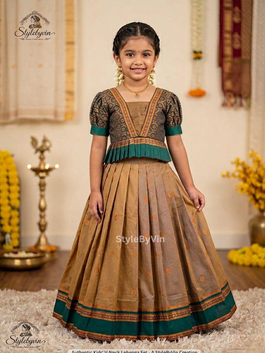 Onam Brown Kids Soft Silk Naraynpet Lehenga for Girls, MiniPattu Pavadai Sattai, Onam Festive Kids Dress