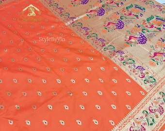 New Orange paithani silk Saree for women, Mothers day gift for her, Sarees with Blouse