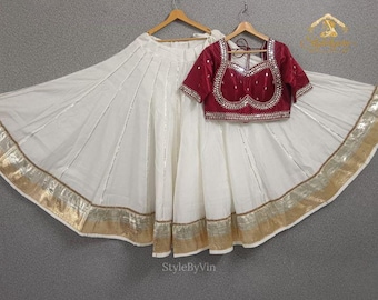 Lehenga choli de seda romana branca Navratri para mulheres, roupa Gujarati Garba chaniya choli