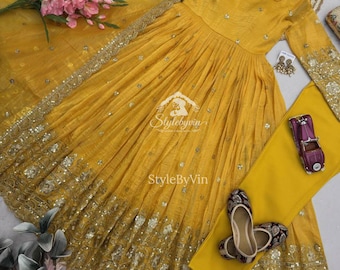Rich Embroidery Yellow Anarkali Gown for women, Indian Wedding Party Wear dresses for Guest, Anarkali Suit for women