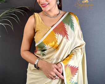 New Cream Soft Silk Sarees for women with Jari Temple Border, Wedding Saree Blouse Stitch
