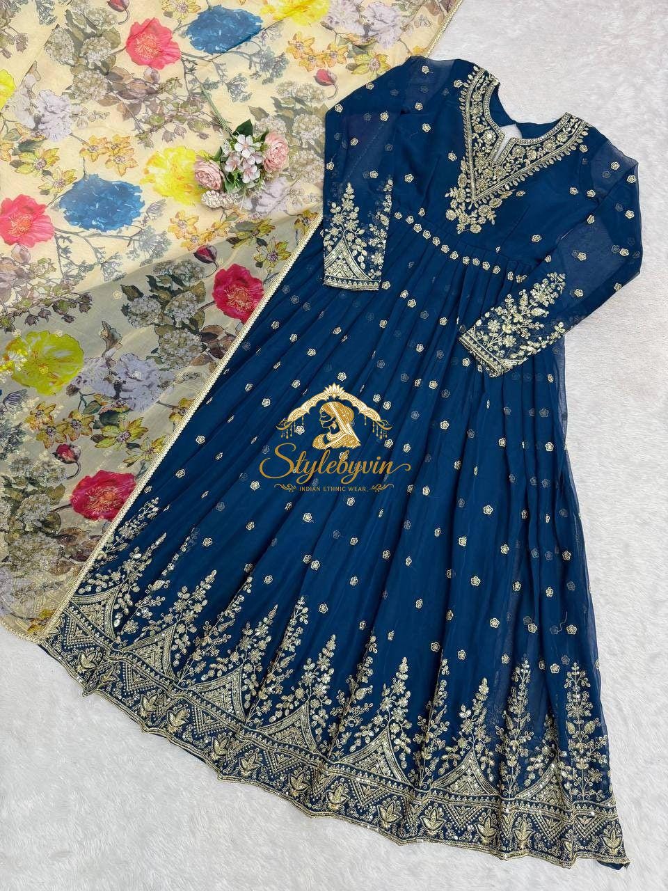 Vestido Anarkali azul bordado para mujer, vestidos de fiesta para bodas indias, vestido festivo