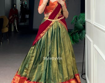 Onam Kanchipuram Silk Half Saree Lehenga Set for women, Customized Lehenga Choli