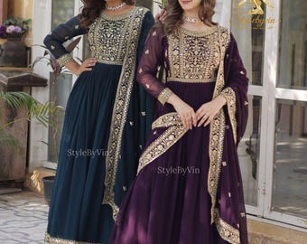 Vestido Anarkali elegante para mulheres com bordados, vestido de noiva para mulheres, vestido plus size, roupas de casamento indianas para mulheres.