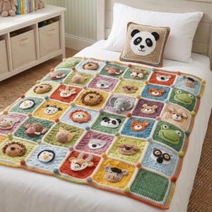 May include: A colorful, handmade crochet blanket with various animal faces, including a lion, elephant, and panda. The blanket is on a bed with a matching panda pillow. The blanket is made of squares in various colors.