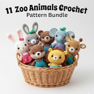 May include: A collection of 11 crocheted zoo animal toys, including a rabbit, bear, elephant, giraffe, and lion, nestled in a woven basket. The toys are in various colors, with the text "11 Zoo Animals Crochet Pattern Bundle" at the top.