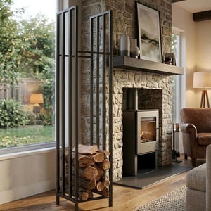 May include: A black metal log holder filled with firewood stands in front of a stone fireplace. The holder is rectangular with vertical bars. A modern fireplace and a cozy armchair are also visible.