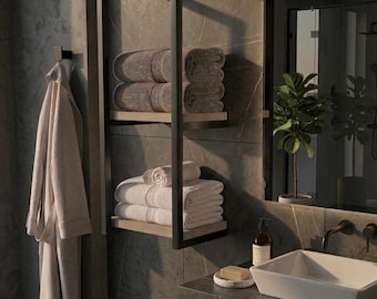 Modern Industrial Wall Shelf with Metal Frame & Wood Shelves | Bathroom Towel Rack | Minimalist Storage Organizer | Handmade Home Decor