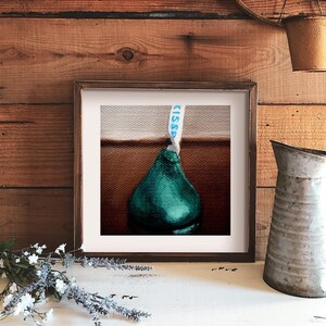 Realistic Still Life Oil Painting of Green Hershey&#39;s Kiss Chocolate Candy Small Fine Art Print for Kitchen or Dining Room Wall