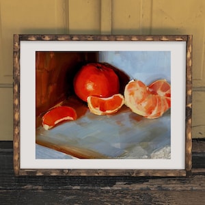 Realistic Still Life Fruit Oil Painting of Oranges Bright Mandarin Sections Fine Art Print for Kitchen or Bathroom Decor