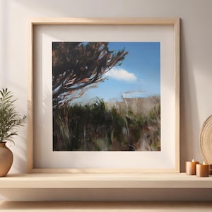Realistic Calming Coastal Landscape Beach Oil Painting of Beach Grass and Blue Sky Aquinna Shade, Martha&#39;s Vineyard, MA Fine Art Print