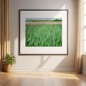 Realistic Painting of Green Beach Grass Summer Cape Cod Coastal Beach House Wall Art Ocean Sand Water Blue Sea Fine Art Print Decor