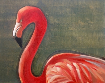 Archival 8" x 10" Giclee Print / Pink Flamingo (no.160) Oil Painting Realism Bird Animal Wildlife Green Small Art