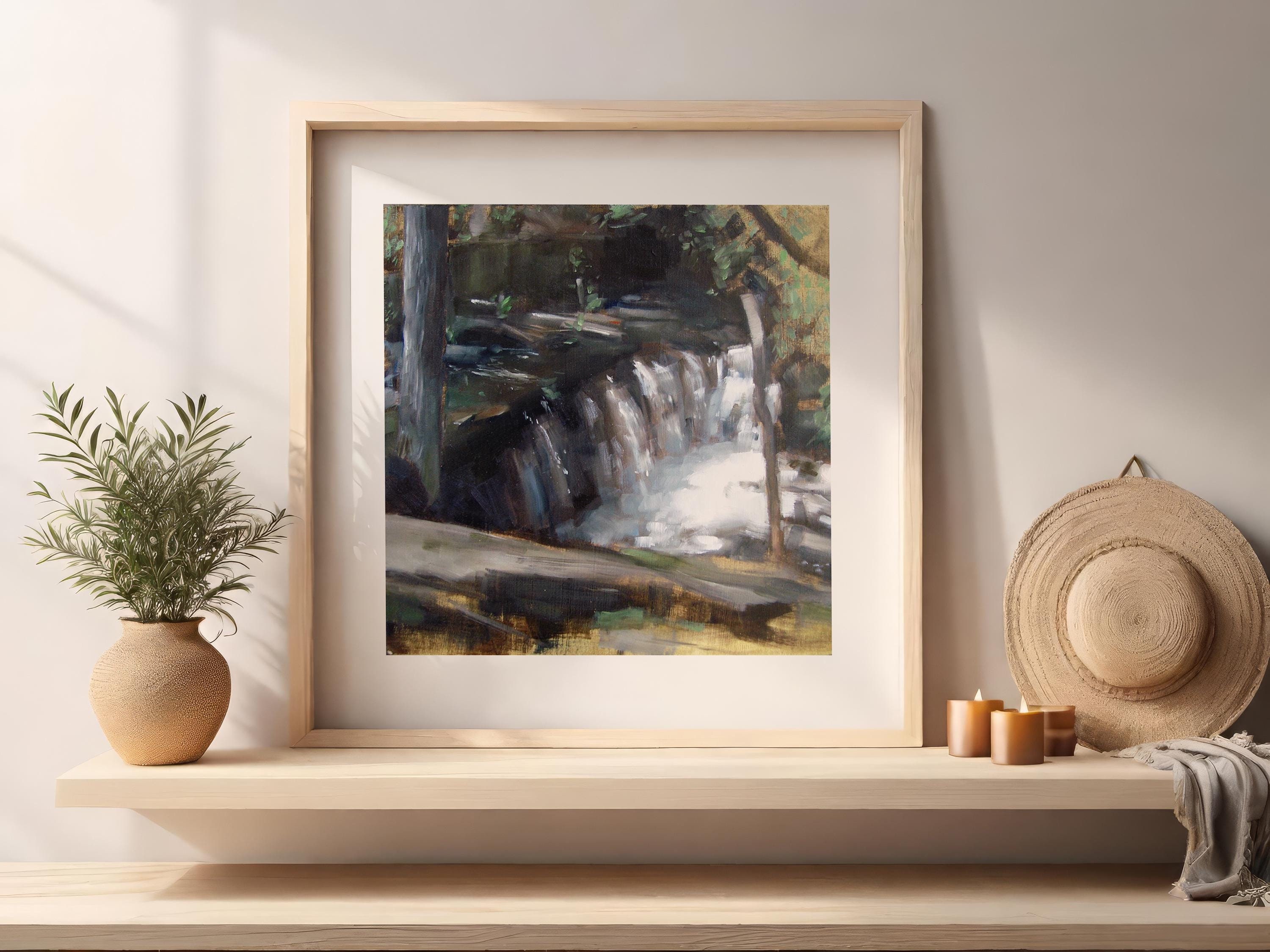 Realistic Landscape Oil Painting of Waterfall and Trees Broadmoor Falls, Natick MA Calming Nature Fine Wall Art Print for Home or Office