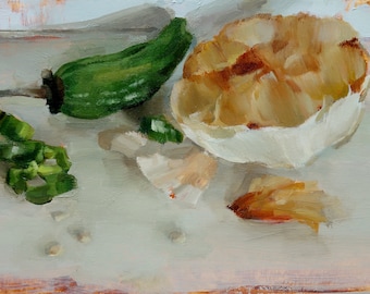 Archival 5" x 7" Giclee Print /  Garlic Skin and Shishito Peppers (no.176) Oil Painting Realism Still Life Food