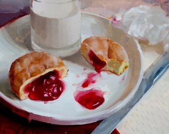 Archival 10" x 10" Giclee Print /  Jelly Donut with Milk (no.179) Oil Painting Realism Food Dessert Still Life