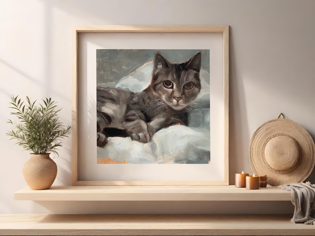 Tabby Cat Oil Painting Art Print, Grey and White Cat Portrait - Etsy