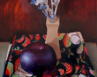 Archival 12" x 16" Giclee Print / Plum and Lavender on Oriental Cloth (no.168) Oil Painting Realism Still Life Art