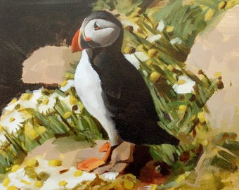 Archival 8" x 10" Giclee Print / Atlantic Puffin on Rocks (no.158) Oil Painting Realism Bird Animal Wildlife