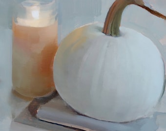 Archival 10" x 10" Giclee Print / White Pumpkin and Candle (no.169) Oil Painting Realism Still Life Art