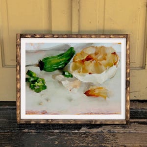 Realistic Food Art Oil Painting of Garlic Skin and Green Shishito Peppers Realism Still Life Food Fine Art Print for Kitchen or Restaurant