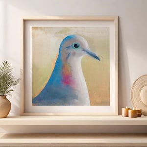 Realistic Oil Painting Bright Colorful Bird Portrait Rainbow Pigeon Fine Art Print for Bird Lovers Beach House Decor