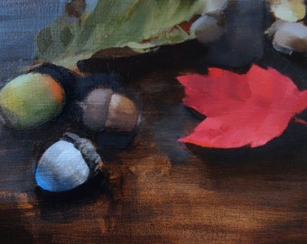 Archival 5" x 7" Giclee Print / Acorns and Fall Leaves (no.144) Oil Painting Realism Fall Autumn Still Life Dark