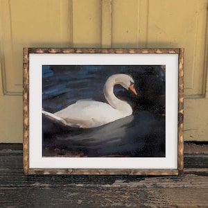Realistic Oil Painting of White Elegant Swan Bird Swimming in Dark Pond Relaxing Small Fine Art Print for Animal and Nature Lovers