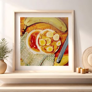 Realistic Still Life Oil Painting of Food Bananas, Peanut Butter and Honey on Cutting Board Fine Art Print for Kitchen or Restaurant Decor