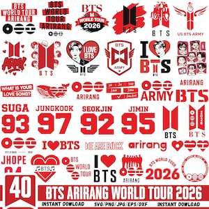 May include: A selection of red and black BTS-themed graphics and text elements. Features logos, text such as "BTS World Tour," member names, and "I Love BTS." Suitable for fan merchandise.
