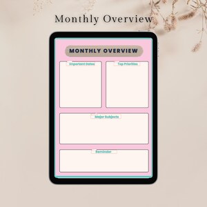 May include: A digital tablet showing a pink and beige monthly overview planner. The planner has sections for important dates, top priorities, major subjects, and reminders. The text "Monthly Overview" is at the top.