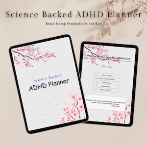 Pode incluir: Dois tablets digitais exibindo um "Science Backed ADHD Planner". O planejador apresenta um design floral com flores rosa. O texto inclui "Brain Dump Productivity tracker" e recursos como "Focus Flower" e "Micro-Habits Tracker".