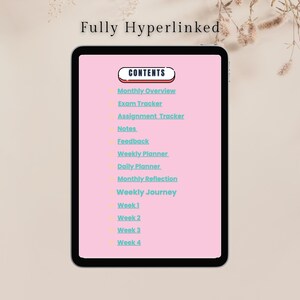 May include: A digital tablet shows a pink screen with the word "CONTENTS" at the top. The screen lists planning sections such as "Monthly Overview," "Exam Tracker," and "Weekly Planner." The tablet is set against a soft, neutral background.