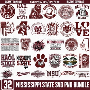 Puede incluir: Una colección de 32 gráficos SVG y PNG de la Universidad Estatal de Mississippi en borgoña y blanco. Los diseños incluyen logotipos de bulldogs, el contorno del estado y texto como "Hail State" y "MSU". También son visibles las palabras "Instant Download" y "SVG/PNG/JPG/EPS/DXF".