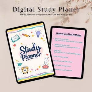 May include: Two digital tablets showcasing a study planner. One tablet displays "Study Planner" with colourful illustrations. The other tablet shows instructions on how to use the planner. The background is a soft, neutral colour.