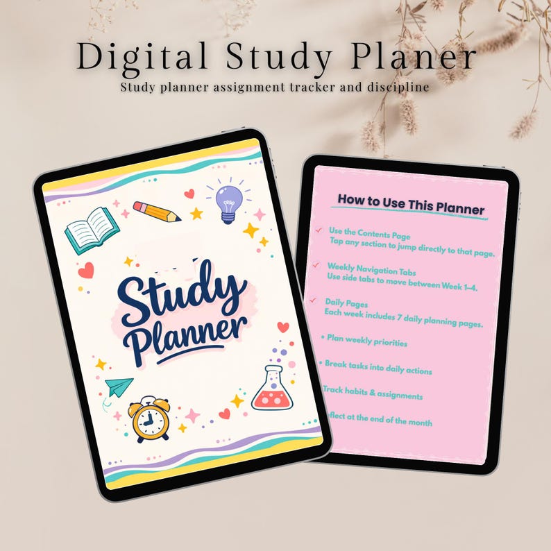 May include: Two digital tablets showcasing a study planner. One tablet displays "Study Planner" with colourful illustrations. The other tablet shows instructions on how to use the planner. The background is a soft, neutral colour.