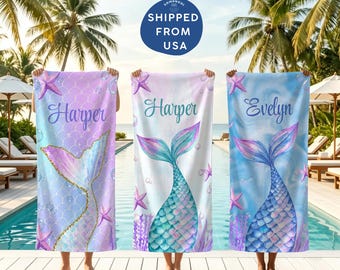 Personalized Mermaid Tail Beach Towel,Custom Name Kids Pool Towel,Mermaid Birthday Party Favor,Summer Vacation Gift for Girls