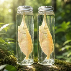 Op de afbeelding: Twee cilindrische glazen potten met zilveren schroefdeksels, elk met een geconserveerd bleekgeel visexemplaar in heldere vloeistof. De vissen hebben langwerpige snuiten, zichtbare vinnen en schubben en zijn verticaal in de potten geplaatst.