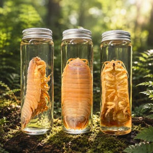 Puede incluir: Tres frascos cilíndricos de vidrio transparente con tapas de rosca plateadas, cada uno con un espécimen de isópodo de color tostado claro sumergido en líquido. Los especímenes se muestran en diferentes orientaciones, revelando sus caparazones segmentados.
