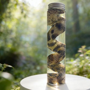 Op de afbeelding: Een bewaard gebleven slangenexemplaar in een heldere glazen pot met een zilveren deksel. De slang is opgerold in de pot en vertoont een patroon van bruine en bruingele vlekken en strepen. De achtergrond is een wazig beeld van groen gebladerte.