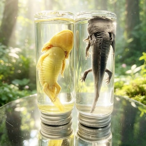 以下が含まれることがあります： 金属製の蓋が付いた2つのガラス瓶。それぞれにウーパールーパーの標本が入っています。1つは黄色、もう1つは濃い灰色です。瓶には透明な液体が満たされ、背景はぼやけた緑の森です。