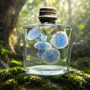 May include: A clear, rectangular glass bottle with a metallic cap containing four small, blue and white jellyfish figures suspended in a transparent liquid. The jellyfish have translucent blue bells with white spots and trailing tentacles.