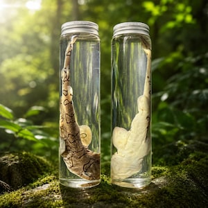 Op de afbeelding: Twee doorzichtige cilindrische glazen flessen met zilveren schroefdoppen, elk met een geconserveerd specimen ondergedompeld in vloeistof. De linkerfles bevat een beige wezen met donkerbruine markeringen, de rechterfles een bleek, gebroken wit exemplaar.