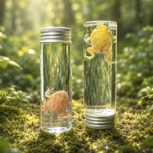 Peut inclure: Deux flacons cylindriques en verre transparent avec des couvercles vissés argentés, contenant chacun une petite grenouille immergée dans un liquide. Un flacon contient une grenouille orange clair, l'autre une grenouille jaune vif.