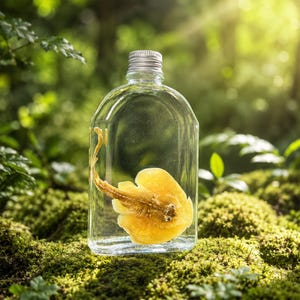 Op de afbeelding: Een heldere glazen fles met een zilveren schroefdop die een geconserveerd, geelbruin roggenexemplaar bevat. De fles is gevuld met een transparante vloeistof, waardoor het platte, schijfvormige lichaam en de lange, slanke staart goed zichtbaar zijn.