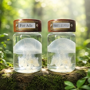 May include: Two clear glass jars containing white jellyfish models. Each jar features a brown leather-like lid with a brass-coloured metal label holder. The left label reads For Ada and the right label reads ANNA'S JELLYFISH in black text.