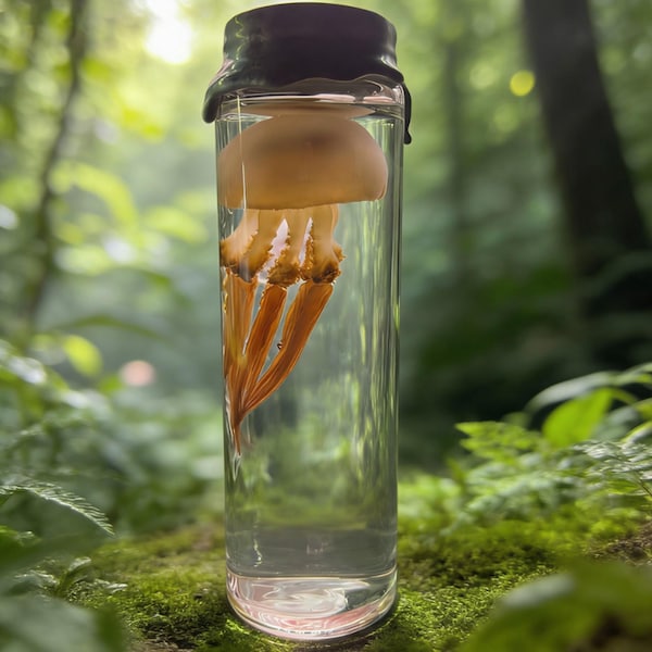 Rocket Red Moon Jellyfish Wet Specimen, Tall Glass Cylinder Marine Decor