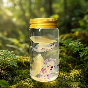 Peut inclure: Un bocal en verre transparent avec un couvercle en métal doré contenant deux spécimens de méduses translucides. Les méduses ont des corps en forme de cloche de couleur crème pâle et des tentacules délicats avec des taches violettes.