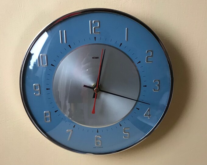 Vintage Metamec Wall Clock Blue Kitchen Clock Battery Operated Recycled Wall Clock Etsy