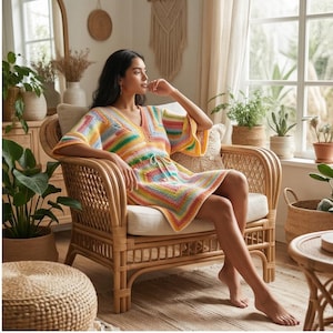 May include: A V-neck crochet tunic featuring horizontal stripes in vibrant rainbow colours including yellow, orange, pink, blue, and green. The garment has wide, short sleeves and a drawstring waist, crafted with a textured knit pattern throughout.
